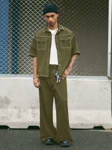 AXEPEAK 男士短袖休闲衬衫，适合夏季，街头风 - 軍綠色 - 查看 3