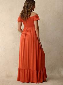 Boho Mama Bohemian Maternity Off-Shoulder Ruffled Hem Short Sleeve Solid Color Dress - Rust Brown - View 2