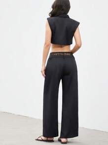 SHEIN Privé 2 piezas Elegante conjunto de chaleco y pantalones de mujer con parches de encaje y botones - Negro - Ver 2