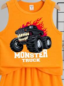 SHEIN 2pcs Fashion Monster/Cartoon Print Short Sleeve T-Shirt & Shorts Set, Casual Look For Young Boys In Summer