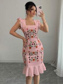 Elenzga 花卉印花荷叶边下摆方领无袖连衣裙 - 淺粉色 - 查看 3