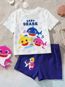 BABY SHARK X SHEIN Baby Boy Summer Cute Cartoon Shark Family Printed Short Sleeve T-Shirt & Shorts 2 Pieces Set