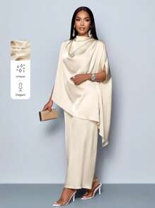 SOLERSUN Women's Fashionable Solid Color Elegant Mock Neck Stylish And Sophisticated Batwing Sleeve Satin Asymmetrical Hem Blouse & Straight-Leg Elegant Long Pants Sets Fall Cloth For Women