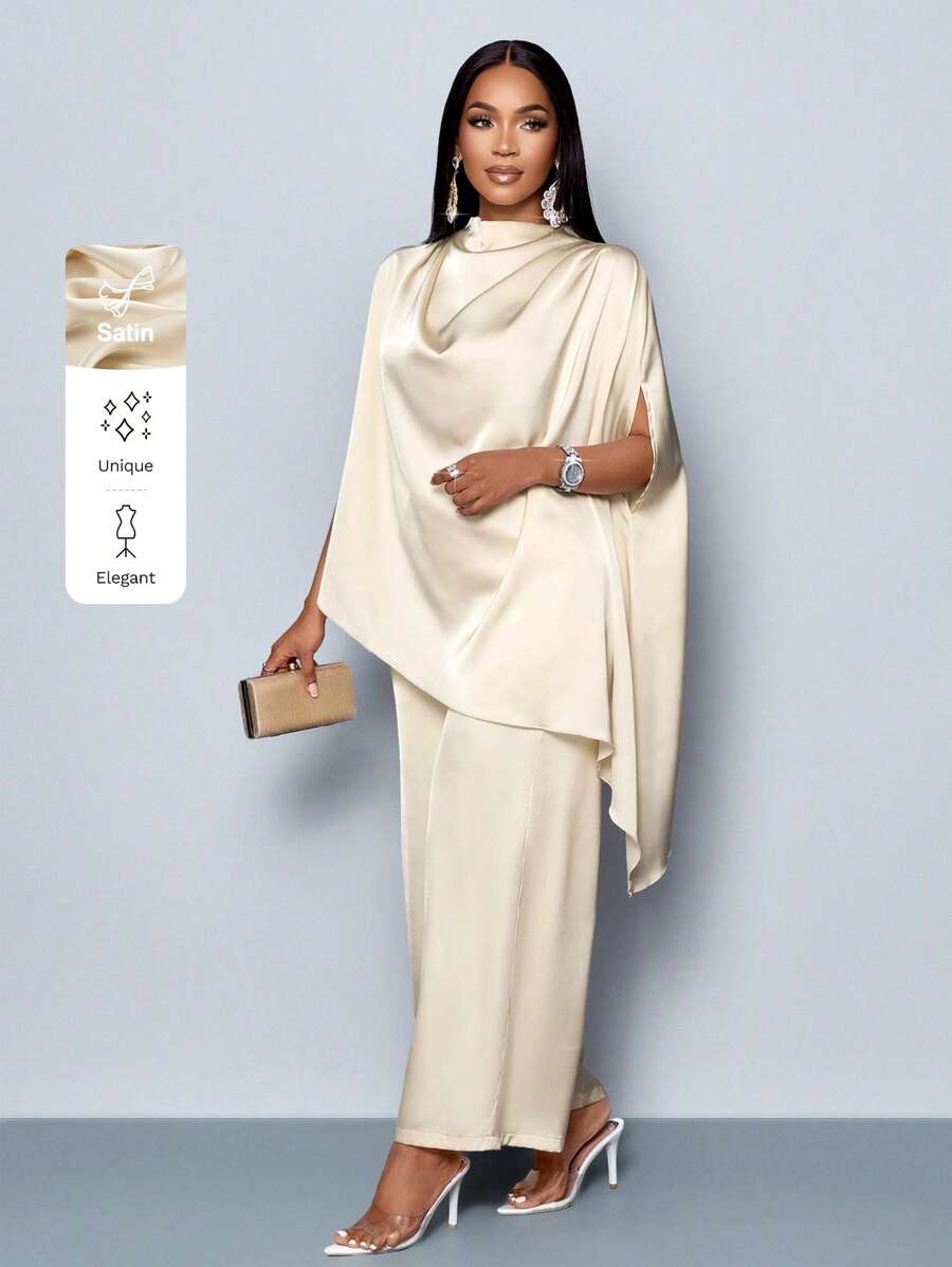 SOLERSUN Women's Fashionable Solid Color Elegant Mock Neck Stylish And Sophisticated Batwing Sleeve Satin Asymmetrical Hem Blouse & Straight-Leg Elegant Long Pants Sets Fall Cloth For Women