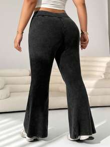 SHEIN EZwear Plus Size Black Acid-Washed Casual Wide Leg Pants - Black - View 2