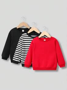 SHEIN 3入組幼兒男童圓領毛絨衣套裝,設有常規肩部設計 - 彩色 - 查看 7