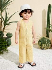 SHEIN Baby Boy/Girl Casual Sports Stripe Cardigan Jumpsuit, Suitable For Spring/Summer Home & Outdoor Wear - Khaki - View 3