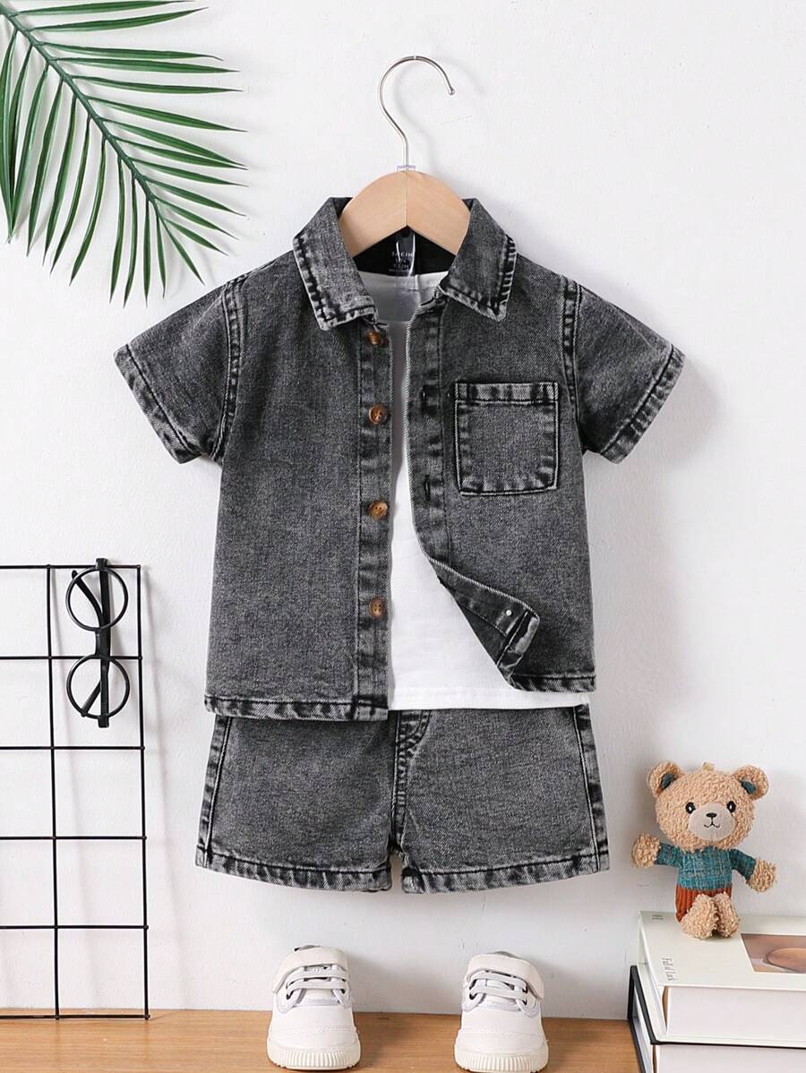 SHEIN 夏季水洗浅蓝色简约时尚男童牛仔套装