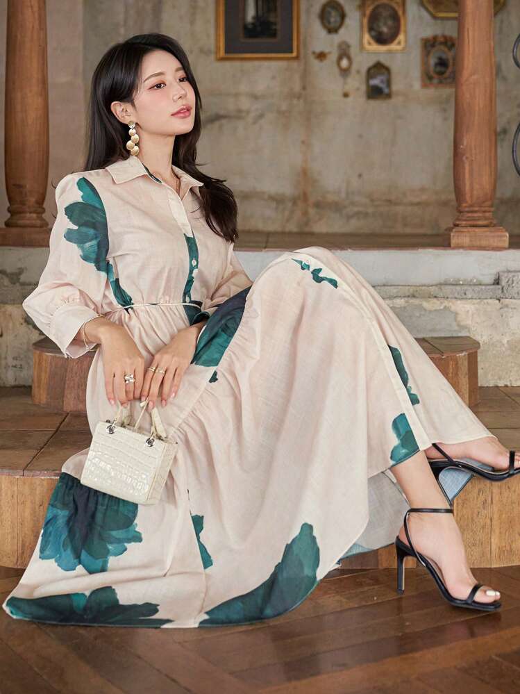 DAZY 女士碎花中长连衣裙，休闲女装，返校季复活节服装 - 綠色 - 查看 1