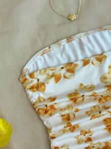 SHEIN Unity 女式夏季欧式美式花卉印花修身褶饰修身短款休闲度假抹胸迷你连衣裙 - 黃色 - 查看 6