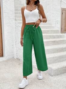 SHEIN Frenchy 女士纯色休闲长裤，适合夏季 - 橄欖綠 - 查看 3