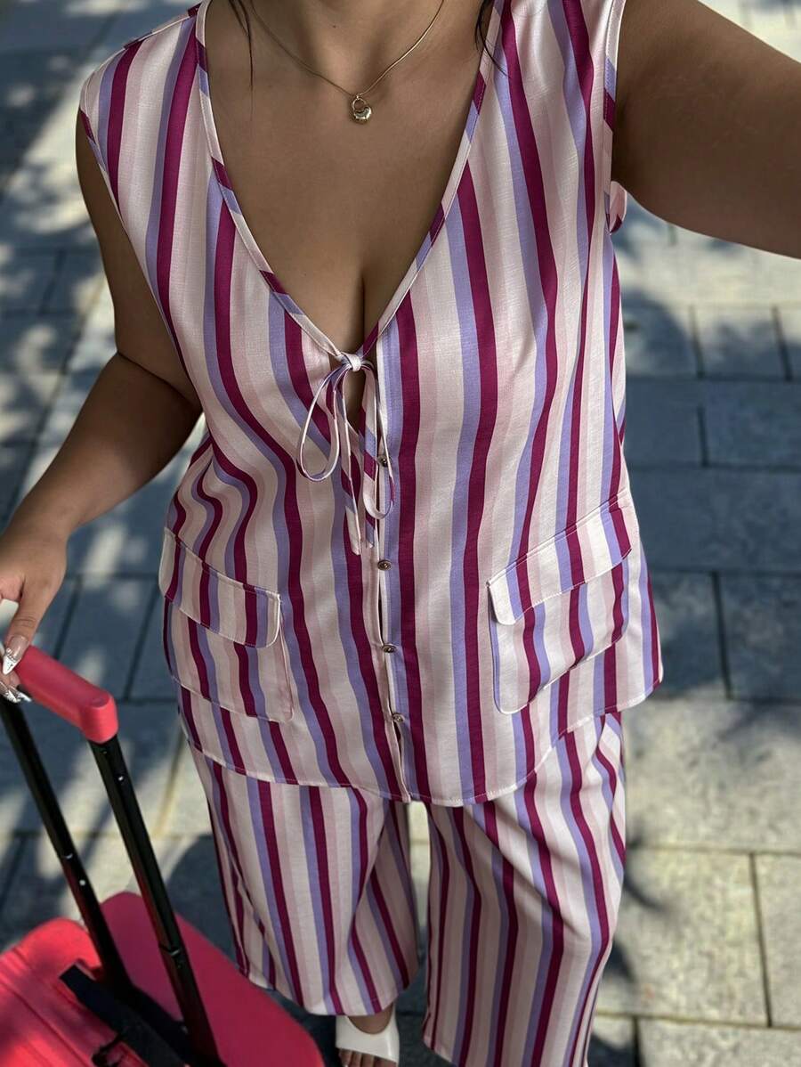 INAWLY 2pcs/Set Plus Size Women Striped Front Tie Sleeveless Blouse And Pants Set - Multicolor - View 1