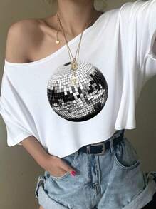 Muchica Women's Casual Asymmetrical Shoulder Metal Beads Graphic Cropped Oversized Short Sleeve T-Shirt, Suitable For Summer, Vacation, Music Festivals - White - View 3