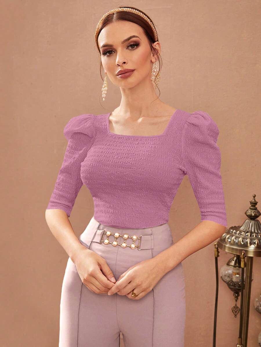Modelyn 女士方领短袖纯色T恤,夏季时尚 - 粉色 - 查看 1