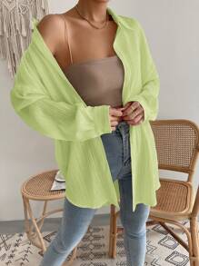 SHEIN EZwear 绿色女式衬衫落肩纽扣沙滩衬衫 - 青檸色 - 查看 6