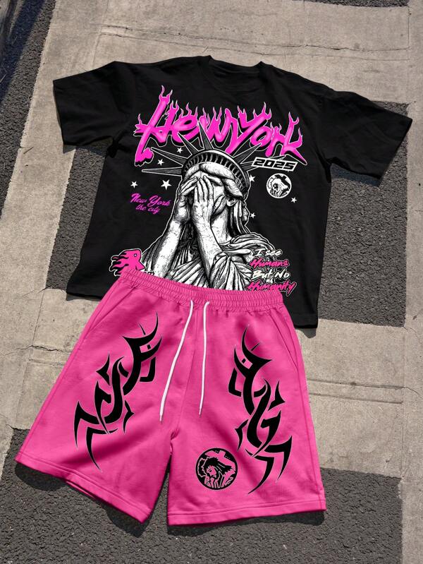 Manfinity Streetrush Set de 2 piezas de camiseta de manga corta con cuello redondo y gráfico de letra casual y shorts para hombre, para verano