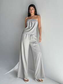 Aloruh Women's Elegant Business Commuting Daily Leisure Two-Piece Suit Solid Color Tube Top Vest + Trousers Old Money Style Simple Style Gray 2pcs Summer Two Pieces Outfits For Daily Wear - Light Grey - View 5