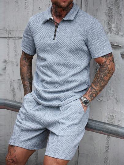 Manfinity Homme Men's Fashionable 3D Textured Casual Polo Set Casual Two Pieces Set Men Men Two Pieces Sets