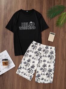 Set de 2 piezas de pijama casual de vacaciones para hombre con estampado de letras y manga corta