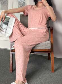DAZY Women's Simple Patchwork Design Casual Loungewear Set Pajama - Pink - View 7