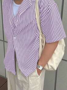 Manfinity Dauomo Men's Casual Striped Print Button Front Short Sleeve Shirt - Purple - View 1