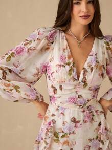 Enchnt 春夏浪漫女士杏色和紫色玫瑰印花深 V 领长袖荷叶边长裙，甜美优雅，适合度假、约会、节日、派对、毕业典礼、婚礼宾客和海滩，舞会礼服，女士夏季连衣裙，女士太阳裙，夏季服装，优雅的派对连衣裙