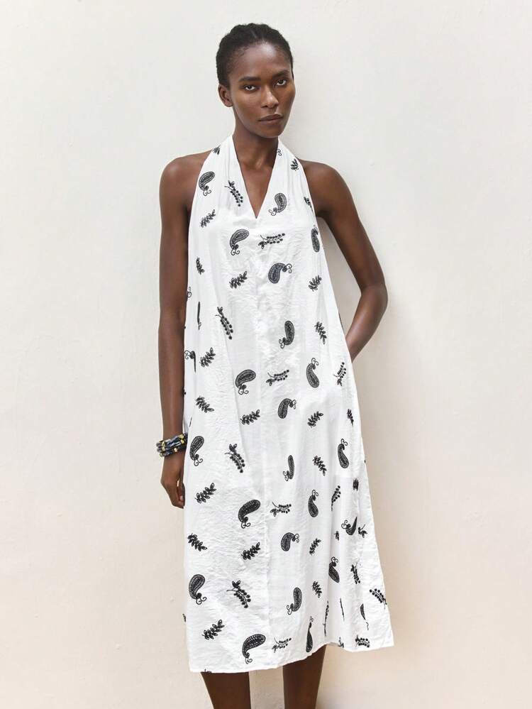 SHEIN Maija Women's Deep V-Neck Sleeveless Bohemian Style Dress, Embroidered Floral Pattern, Comfortable Loose Fit, Black And White Color, Suitable For Spring/Summer