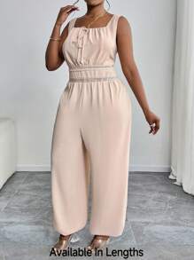 SHEIN PETITE CURVE Plus Size Khaki Casual Cropped Jumpsuit With Shirred Details And Square Neckline Lace Trim - Khaki - View 1