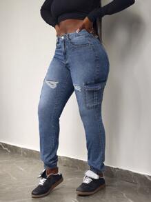 Slaydiva Women's Casual Distressed Skinny Denim Cargo Jeans - Blue - View 1