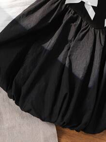 Young Girl Solid Color Crew Neck Knit Patchwork Ruffle Hem Snug Fit Dress - Black - View 4