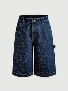 ROMWE MEN ROMWE Avant Men's Loose Fit Sparkling Diamond Decoration Denim Shorts - Blue - View 1