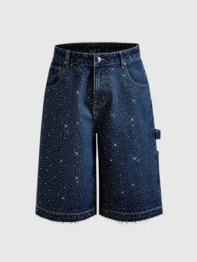 ROMWE Avant Men's Loose Fit Sparkling Diamond Decoration Denim Shorts