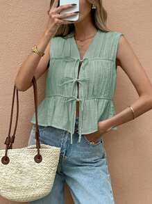 SHEIN Frenchy 女士无袖纯色休闲衬衫，适合夏季 - 水鴨藍 - 查看 3