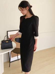 DAZY Damen Mittellang Kleid mit Patchwork Farbblöcken und Ärmeln in Mittellänge