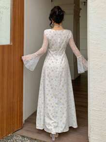 Modelyn 花卉印花荷叶边蕾丝喇叭袖女式连衣裙，春夏 - 黃色 - 查看 2