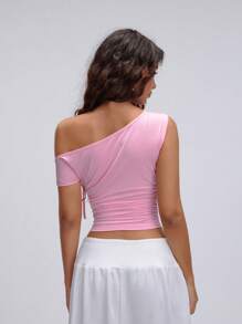 TRNVIE Women's Solid Color 3D Floral Decor Ruched Fitted T-Shirt - Pink - View 2