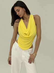 Aloruh Sexy Backless Low Draped Neck Sleeveless Top For Clubbing, Spring/Summer - Yellow - View 6