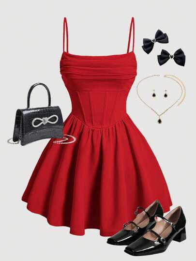 SHEIN Girlism 少女纯色前褶腰收腰吊带裙