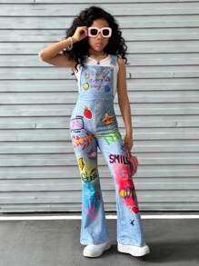SHEIN Explorewe 少女卡通印花無袖背帶褲，街頭風格