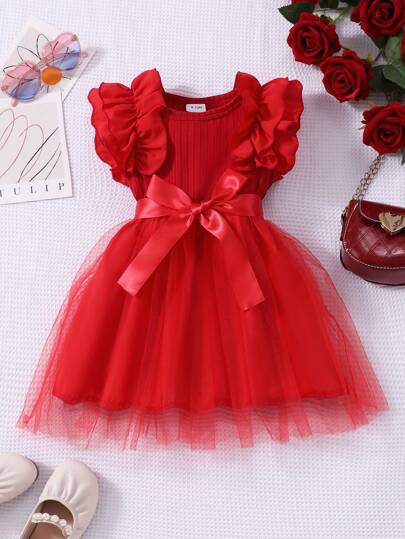 Glamorique Kids Vestido de princesa de verano para bebé e infante niña con mangas cortas, cuello redondo de malla acanalada y cinturón