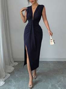 Islaluna Elegant Sleeveless Deep V-Neck Ruched Hem Slit Dress For Women, Spring/Summer