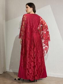 Modelyn Plus Size Women's Lace Patchwork Pleated Elegant Arabic Style Dress - Burgundy - View 3