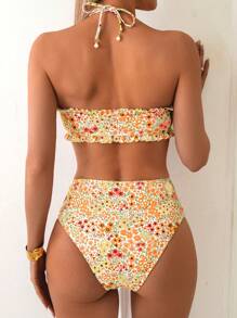 SHEIN Swim Women's Summer Beach Vacation Outfits - Cute Ditsy Floral Frill Bandeau, Beaded Drawstring Tie Bikini Set - Multicolor - View 2