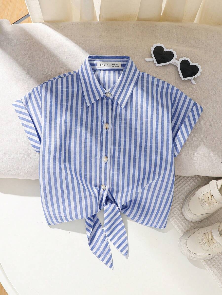 SHEIN Bluză casual cu cravată în dungi raglan supradimensionată pentru fete tinere