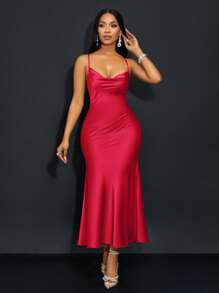 SOLERSUN 挂脖吊带露背口袋领低腰交叉后背鱼尾长款抹茶红性感优雅派对连衣裙晚礼服女士新年聚会情人节约会海边度假超长缎面女装 - 紅色 - 查看 4