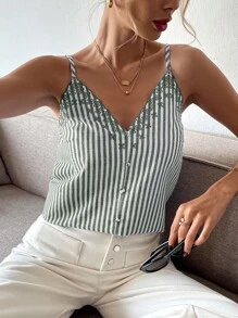SHEIN Frenchy Women Strap Crop Top Striped, Fashionable For Summer Green Casual Christmas - Green - View 8
