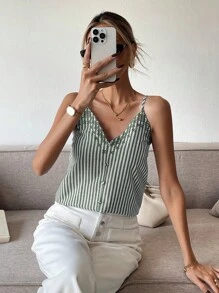 SHEIN Frenchy Women Strap Crop Top Striped, Fashionable For Summer Green Casual Christmas - Green - View 6