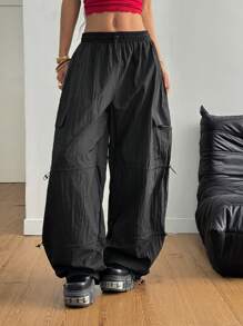 Coolane Women's & Men's Summer Streetwear Sport Cargo Game Day Going Out Casual Drawstring Elastic Waistband Baggy Parachute Low Rise Banana Pants - Black - View 5