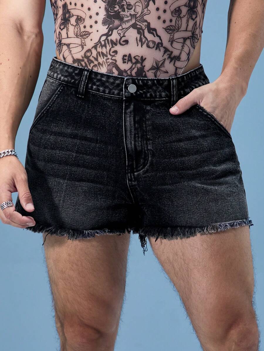 FeverCity Fever City Washed Hem & Frayed Short Men's Denim Shorts - Black - View 1