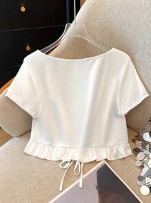 Franclia Blusa de verano elegante de mujer con botones delanteros y bajo con volantes de unicolor - Blanco - Ver 2